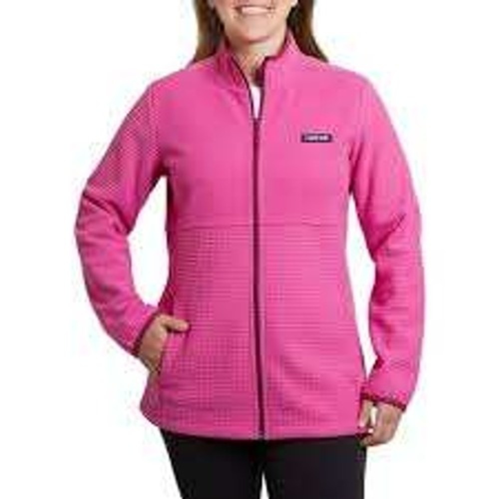Lands End Womens Pink Full Zip Fleece Jacket Grid Texture Mock Neck Small 6-8